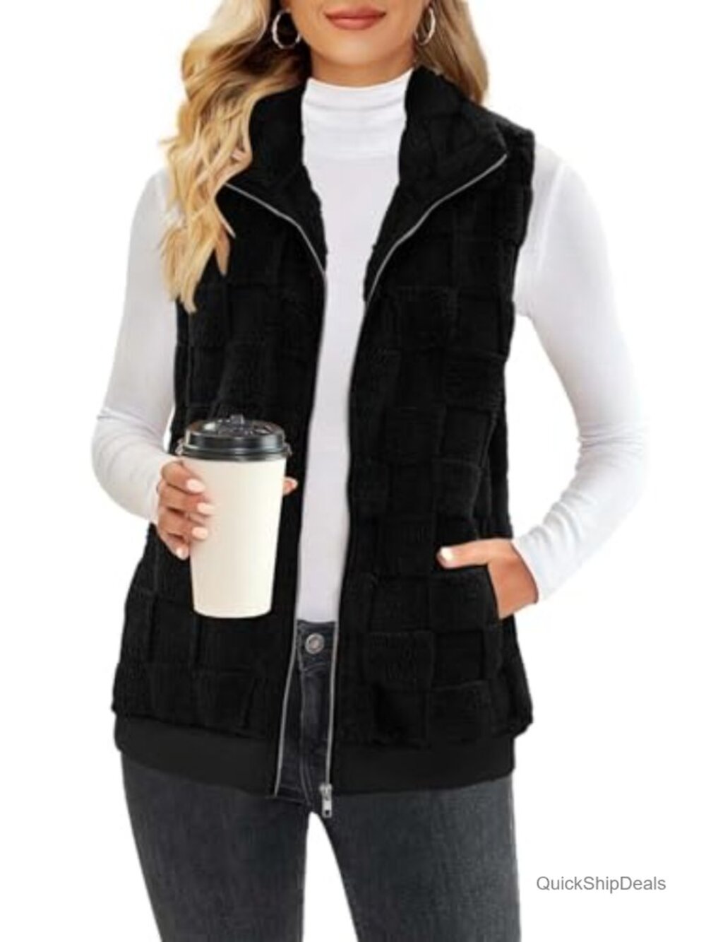 Womens Sherpa Fleece Vest Winter Sleeveless Fuzzy Checkered Plaid Zip Up Jacket
